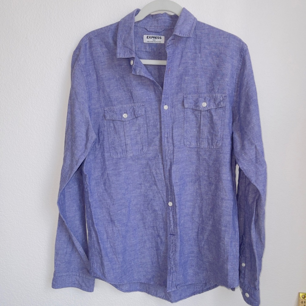 Express Mens Linen Cotton Button Down Shirt Medium Purple Long Sleeve Casual